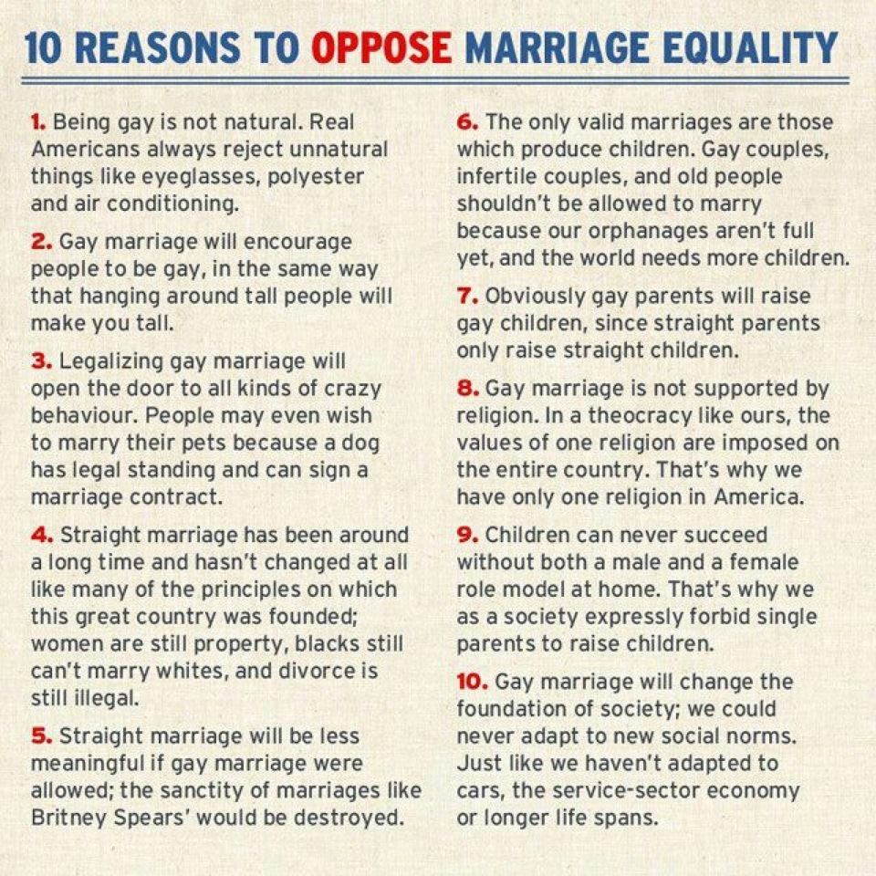 10 reasons to oppose marriage equality